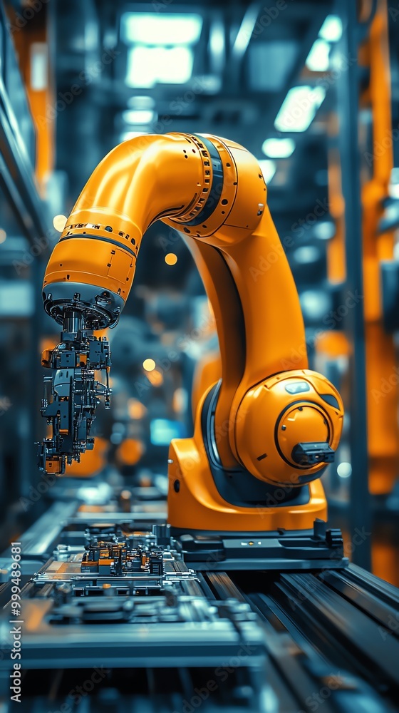 Fototapete Close-up of an orange robotic arm with intricate details, performing an automated task on an assembly line.