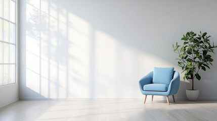 Fototapeta premium Modern Minimalist Interior with Blue Armchair and Indoor Plant by Sunlit Window