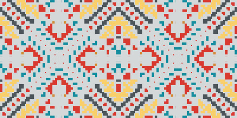 Pixel Art Ikat Print Patternfolk Embroidery, Aztec Geometric Ornament Print. Design for Carpet, Wallpaper, Clothing, Wrapping, Fabric