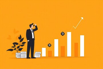 Fototapeta premium Businessman analyzing stock market trends, with graphs depicting growth and success in a vibrant orange background.