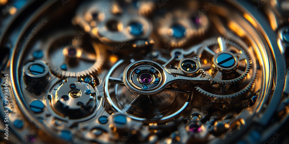 Poster close-up of intricate watch gears and mechanisms with a focus on a circular gear with a small, shiny