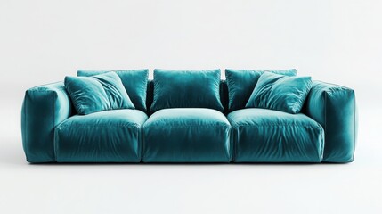 Fototapeta premium A plush oversized sofa with deep seats and velvet upholstery in a soft teal color, isolated on a white background 