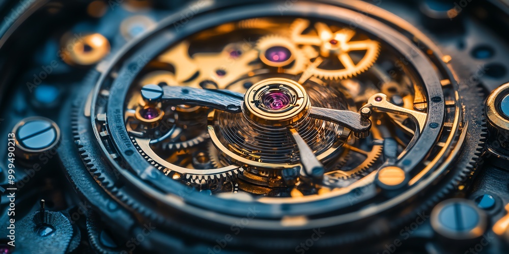 Poster close-up view of the intricate gears and mechanisms of a mechanical watch.
