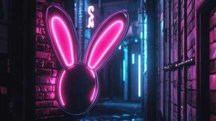 Neon Bunny Sign in a Dark Alley