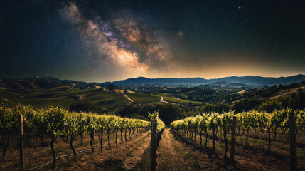 Fototapeta premium serene view of Milky Way over rolling hills and vineyards, creating breathtaking night landscape filled with stars and natural beauty