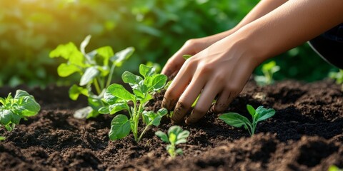 A close-up shows a teen planting in a garden, focusing on their hands and fresh soil, with bright natural light highlighting their connection to nature in youth hobbies
