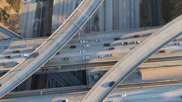 Top Down arial view on highway intersection traffic, Sunset, Los Angeles, California, 4K, Drone
