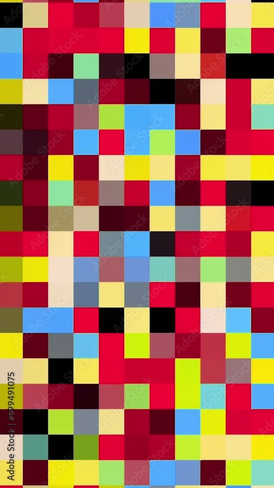 Poster Looped transition from background with colorful pixels. Animation. Background of multicolored small squares with moving transition line