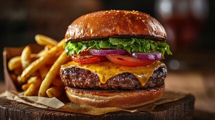 Juicy Burger with Fries on a Wooden Table