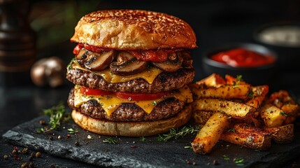 Gourmet Burger with Savory Toppings and Fries