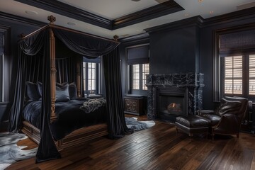 Fototapeta premium A luxurious master bedroom with dark navy walls, a large four-poster bed with dark velvet drapes, and a black marble fireplace. Dark wood floors and an oversized dark leather