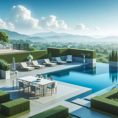 Fototapeta premium Lush garden with pool and mountains in the background