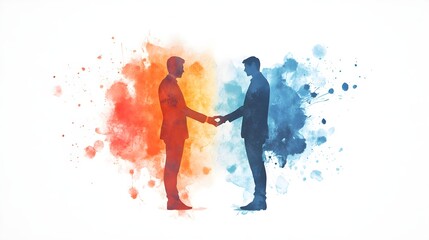 Fototapeta premium Conflict resolution in merger acquisition negotiation in flat design, front view, business strategy theme, watercolor, Complementary Color Scheme 