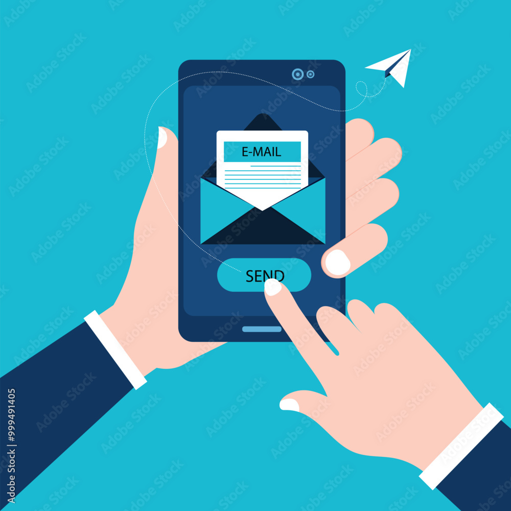 Poster hand holding smartphone with email symbol on screen. finger tapping envelope or message flat vector