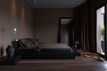 A minimalist bedroom with dark brown walls, a low black bed with dark linens, and a dark wood nightstand. A large black framed mirror and dark wood flooring complete the space.