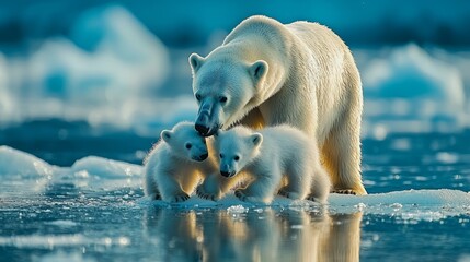 Polar Bear Family on Ice in Serene Winter Landscape
