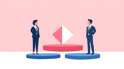 Synergy forecasts vs. debt obligations in mergers in flat design, front view, corporate strategy theme, cartoon drawing, colored pastel 