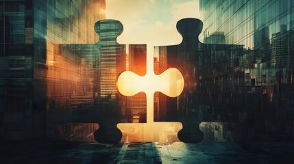 Abstract concept of merger, two building-sized puzzle pieces coming together in a corporate cityscape, sunlight breaking through the gaps 