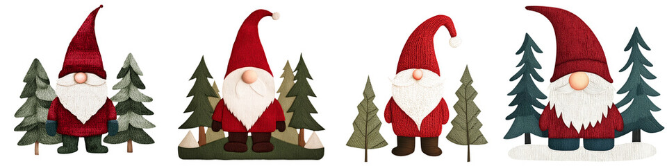 Four festive gnomes with trees, colorful, Christmas-themed design.