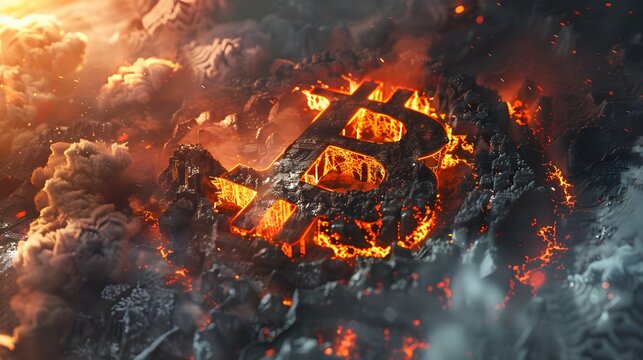 Abstract Bitcoin orange and red flames dance in the night, casting a warm glow on the dark burn