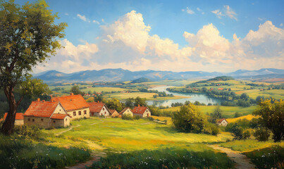 Hungary Sunny Hillside Village Overlooking River Valley