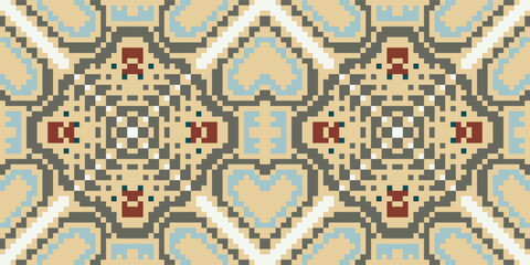 Pixel Star Islamic Patternfolk Embroidery, Aztec Geometric Ornament Print. Design for Carpet, Wallpaper, Clothing, Wrapping, Fabric