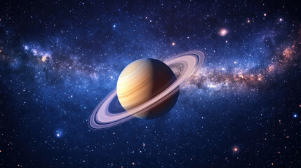 Fototapeta premium stunning view of Saturn surrounded by vibrant galaxy, showcasing its iconic rings and vastness of space. image captures beauty and mystery of universe