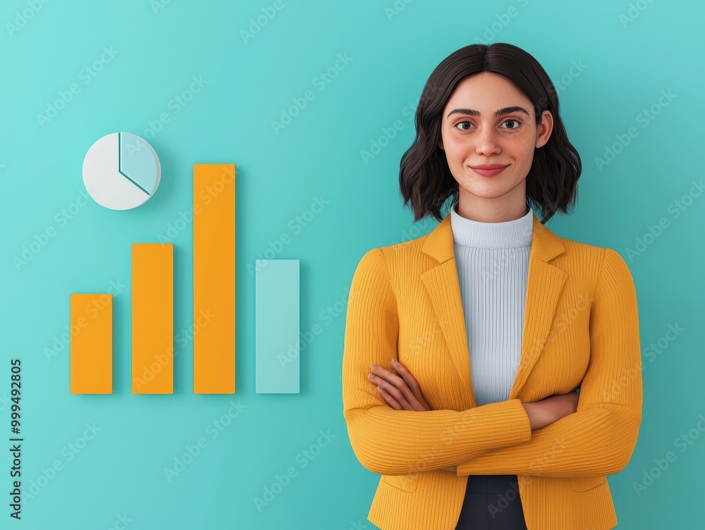 Poster a confident woman stands in front of a teal background, accompanied by colorful bar graphs and a pie