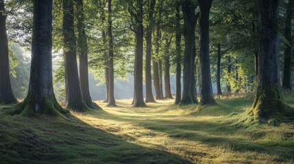 Obraz premium A tranquil woodland scene filled with tall trees casting shadows on the soft ground and distant horizon
