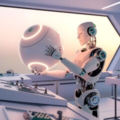 Fototapeta premium 3D render of a futuristic laboratory with a robotic arm.