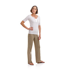 Portrait, serious and woman with confidence, fashion and person isolated on white studio background. Face, model or mature lady with mockup space, stylish clothes and trendy outfit with peace or calm