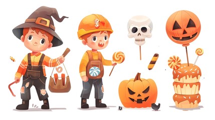 Trick or treat Halloween set with spooky jack-o-lantern and pumpkin on orange background for autumn holiday decoration