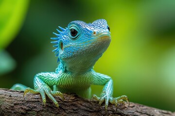 Fototapeta premium Close-Up of Green Dragon Lizard on Tree Branch in Tropical Rainforest