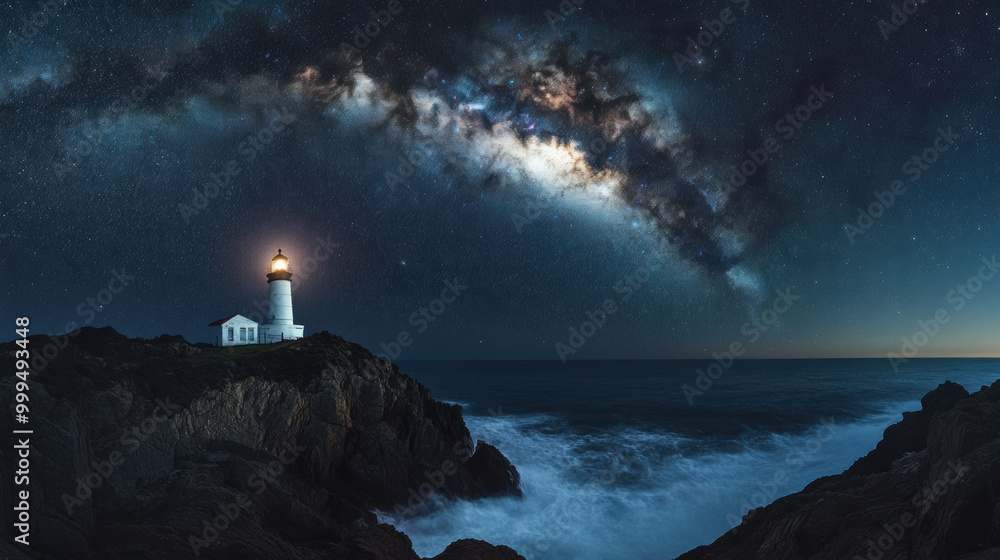 Poster stunning view of milky way arching above lighthouse on rocky cliffs, illuminated by stars and ocean 