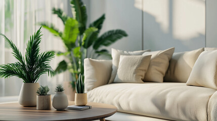 Zbliżenie na nowoczesną sofę z miękkimi poduszkami, elegancki stół kawowy z naturalnego drewna oraz zielone rośliny doniczkowe, które dodają świeżości i życia przestrzeni.