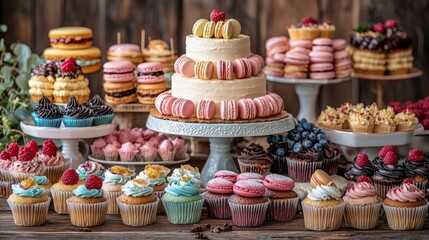 Colorful Dessert Display with Cakes and Cupcakes