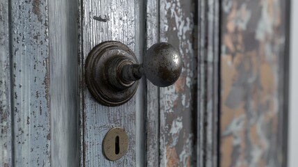 Fototapeta premium a vintage metal door handle on a rustic wooden door