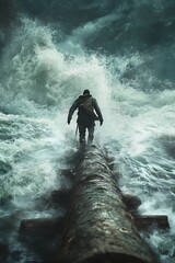 Fototapeta premium Man Walking on Log Through Stormy Water.