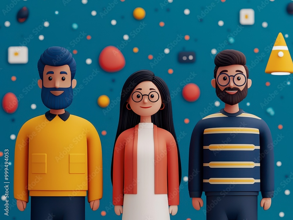 Poster a colorful illustration featuring three stylized characters against a vibrant background with abstra
