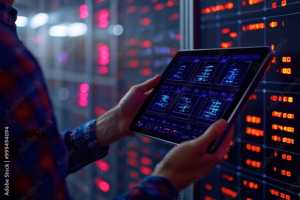 Poster an individual examines data displayed on a tablet in a server room, surrounded by glowing screens sh