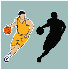 basketball player dribble stylized vector silhouette, logo template in outlined sketch style