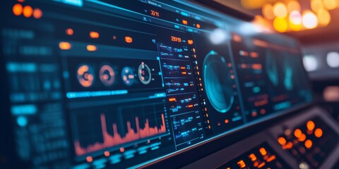 Fototapeta premium a network administrator's monitor, with live network traffic and device status displayed on a comprehensive dashboard, showing real-time network health.