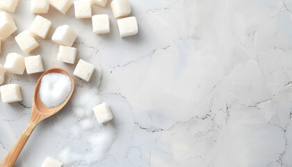 Fototapeta premium Many sugar cubes and wooden spoon on white table, closeup. Space for text