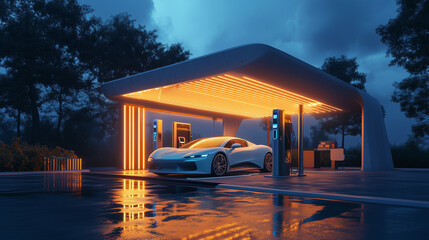 Stacja tankowania wodoru w otoczeniu zieleni, z samochodem wjeżdżającym na stację. 