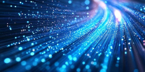 fiber optic cables transmitting data, visualized as bright light pulses indicating high-speed data streams flowing through the network.
