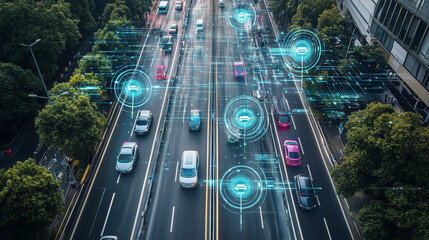 Z lotu ptaka ukazany jest skomplikowany układ dróg w futurystycznym mieście, z autonomicznymi pojazdami poruszającymi się po nowoczesnych trasach.