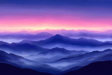 Fototapeta premium Starry sky turning pink over foggy mountain landscape