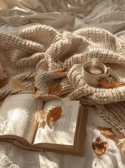 Cozy autumn concept - flat lay with knitted sweater, book and flowers on top of it