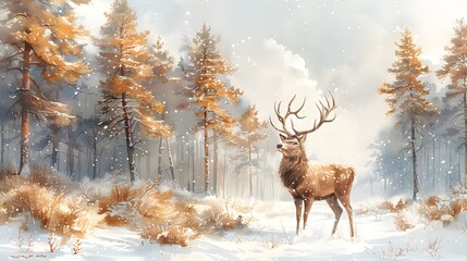 Obraz premium Deer in winter forest, wildlife illustration