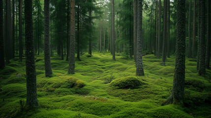 Obraz premium Gęsty skandynawski las z wysokimi drzewami, ich gałęzie tworzą gęsty baldachim.